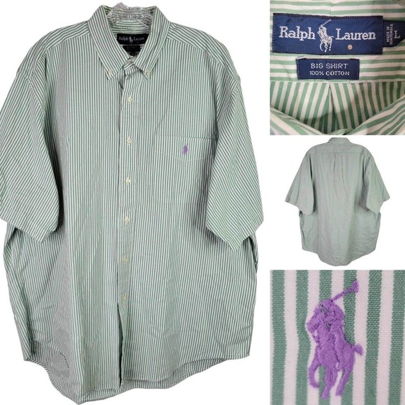 Polo Ralph Lauren Big Shirt Oxford Men's L Green Striped SS Button Down Cotton - Picture 1 of 10